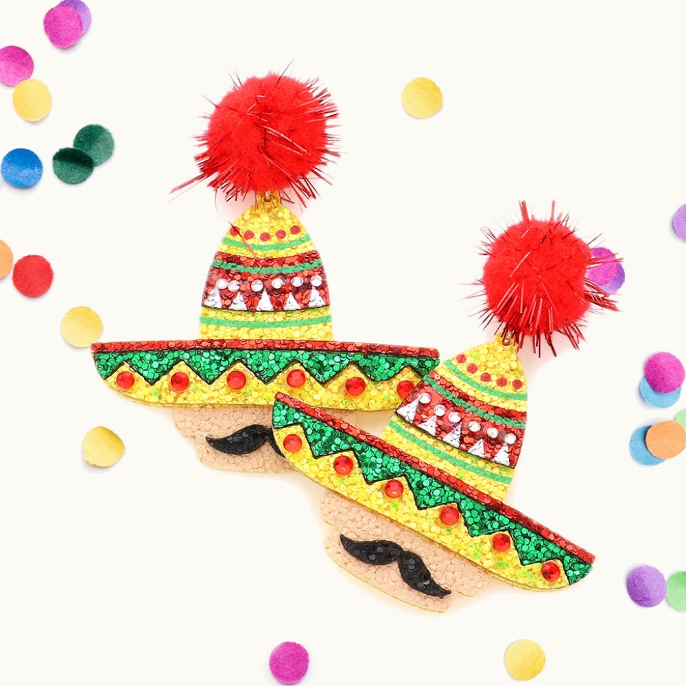 Red Mustache Sombrero Hat Glittered Dangle Earrings Statement Jewelry